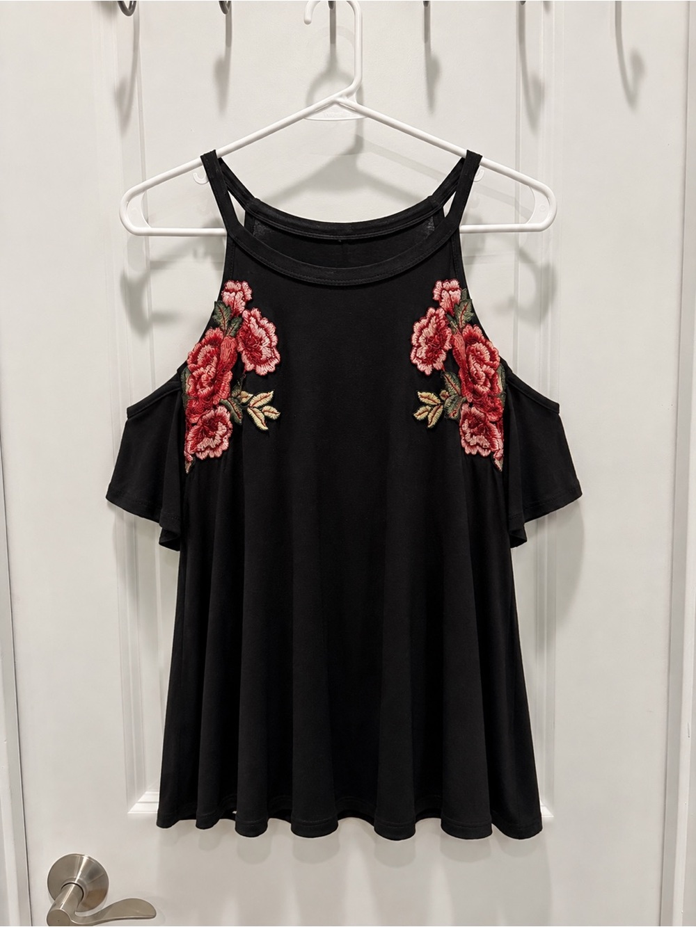 Open-Shoulder Black Top with Red Floral Embroidery